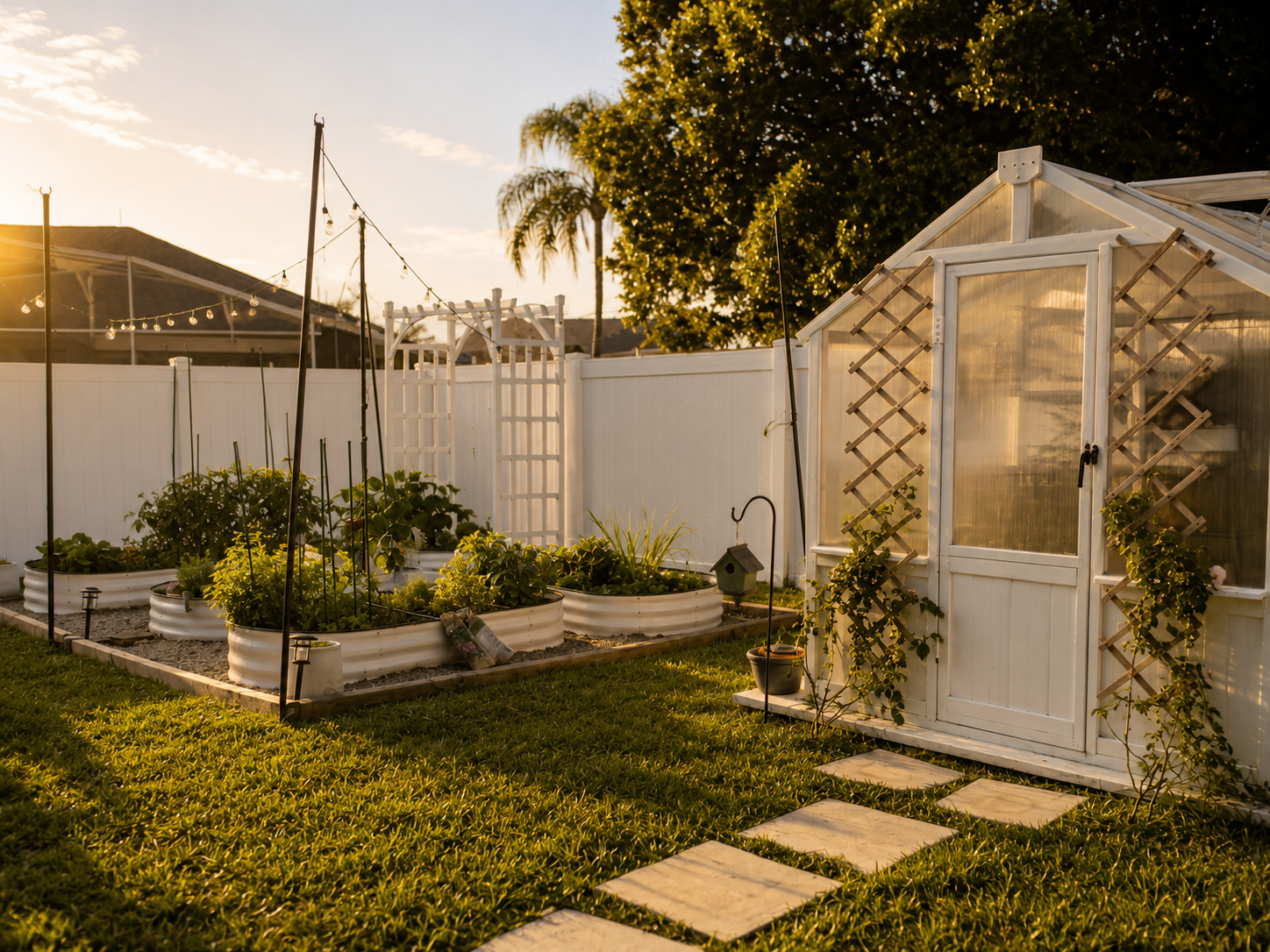 Backyard garden path leading to a small greenhouse at sunset
