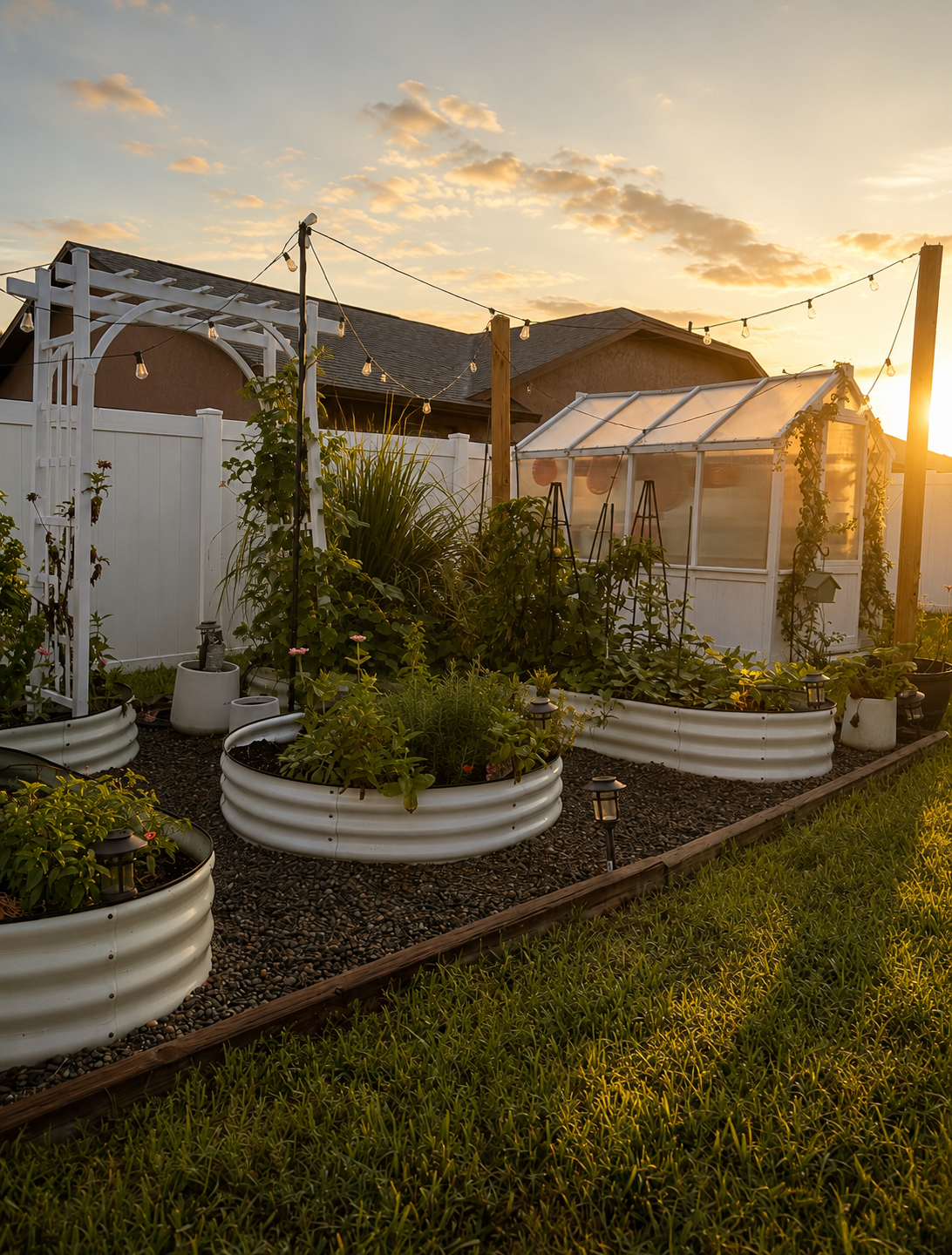 Backyard raised-bed garden at golden hour with greenhouse and string lights