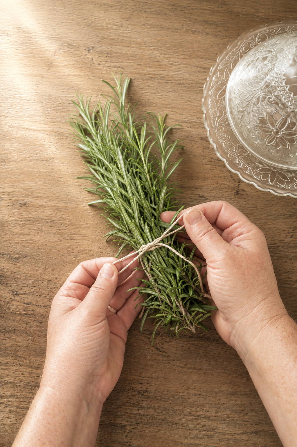 Bundling rosemary with twine on a wooden table