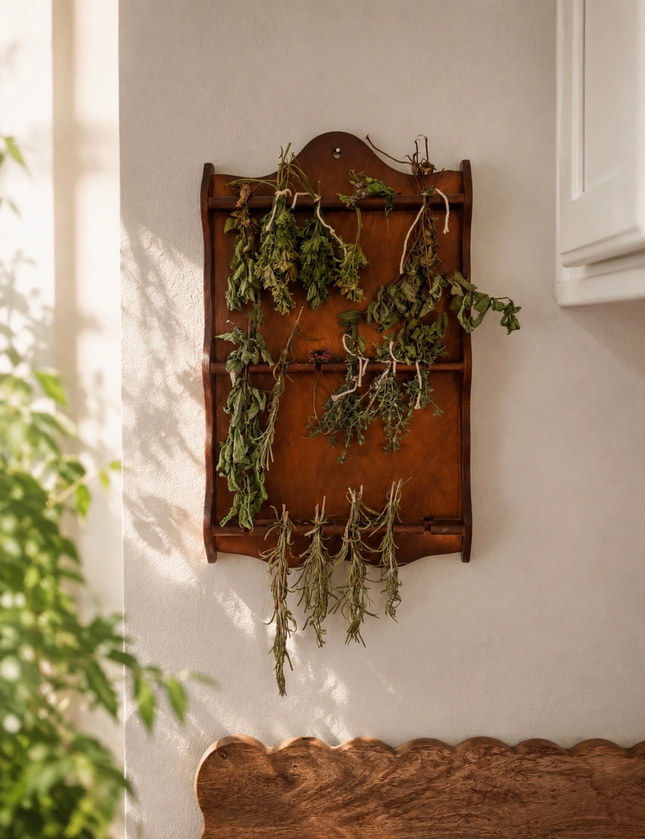 Herbs drying on a wooden rack