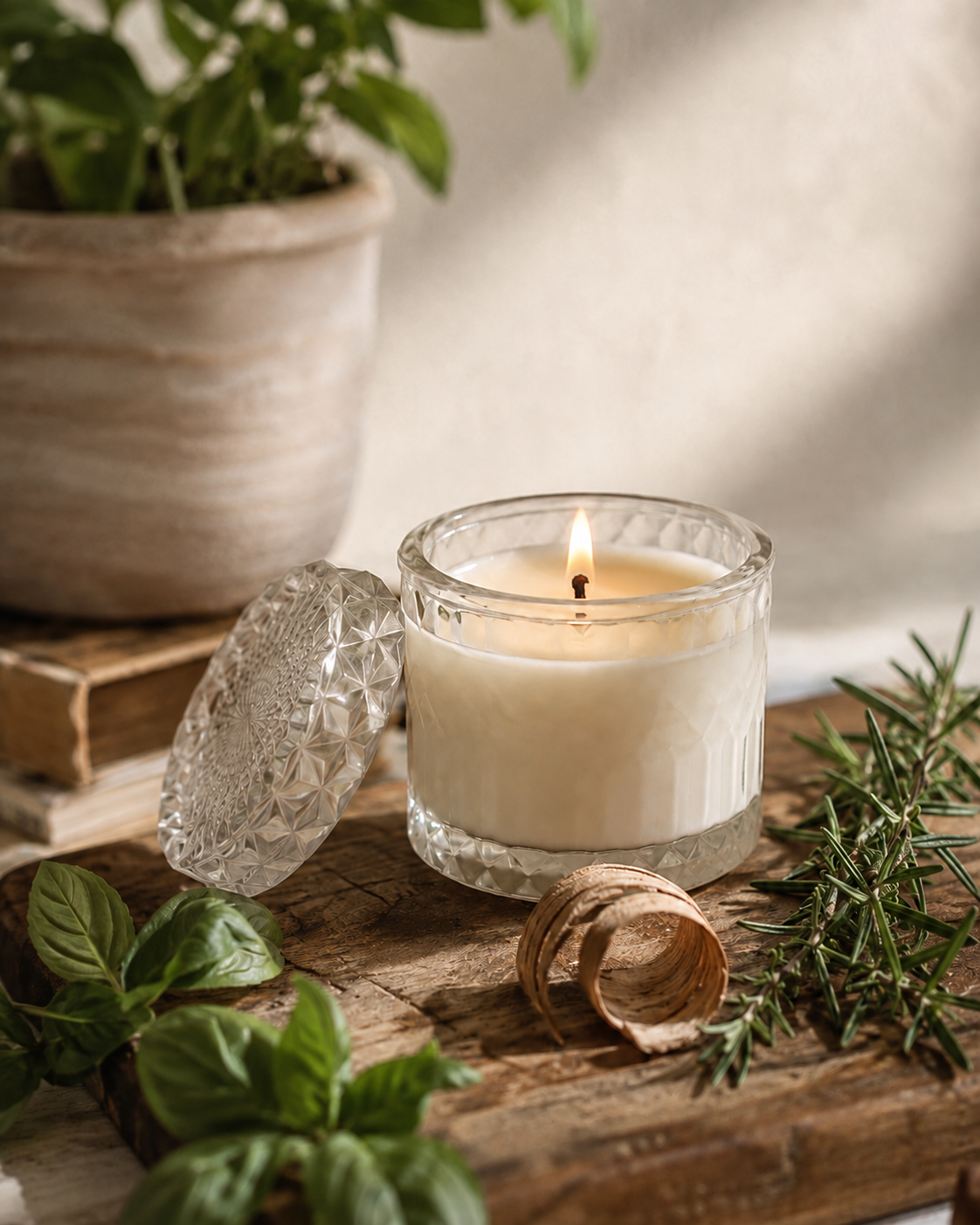 Lit cut-glass candle on a wooden board with rosemary and basil